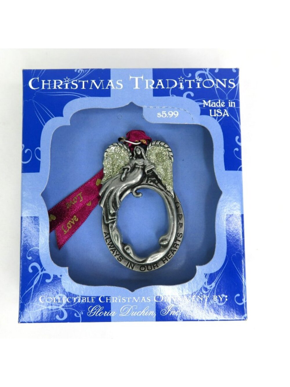 Angel Memorial Picture Frame Christmas Ornament Always in Our Hearts Glitter